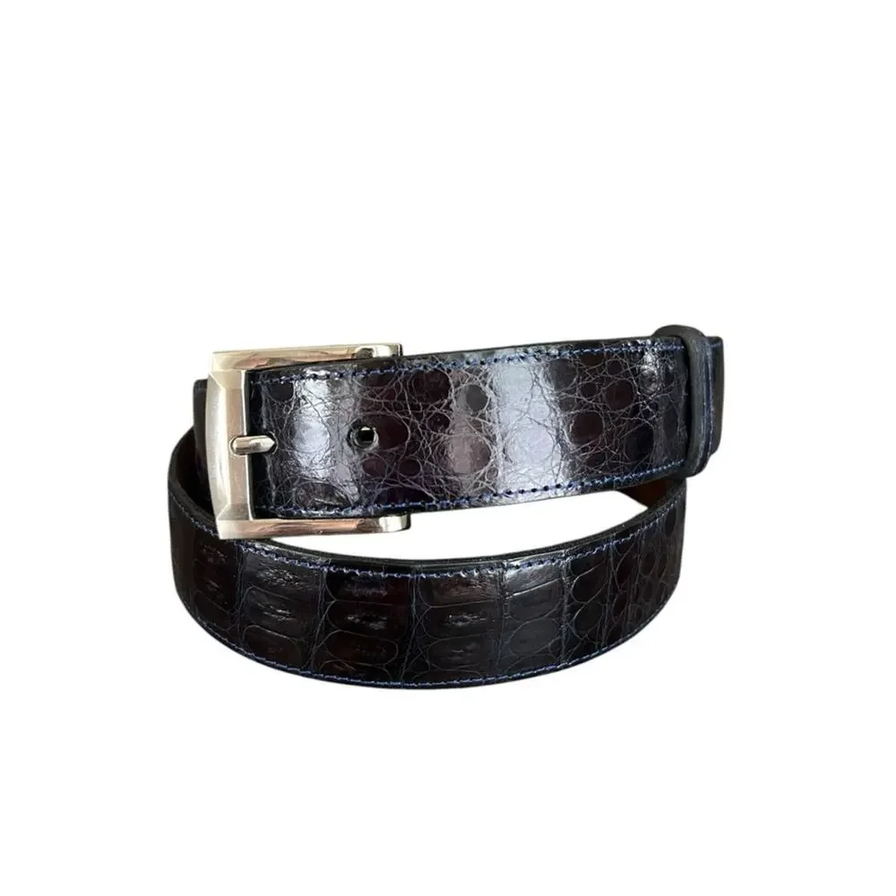 Bermont Men’s Navy Blue Contrast Stitch Genuine Alligator Leather Belt Size 36
